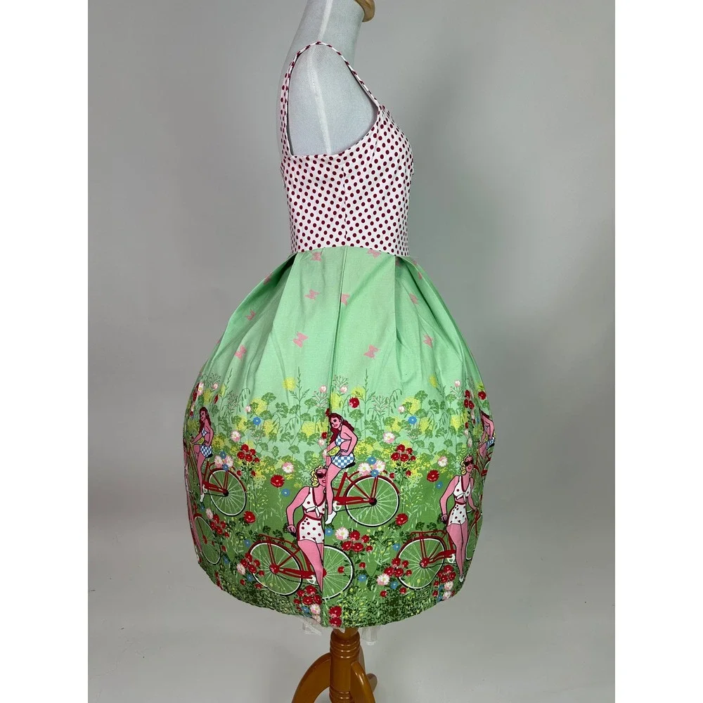 Retro 1950s Style Polka Dot Bicycle Print Swing Dress Green Red Small‎